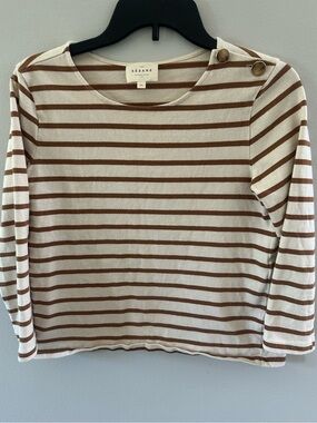 Sézane XS Breton Stripe Top Brown Cream Organic Cotton Button Shoulder